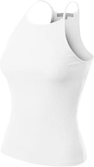 MixMatchy Women's Simple Casual Basic Active High Neck Ribbed Tank Top