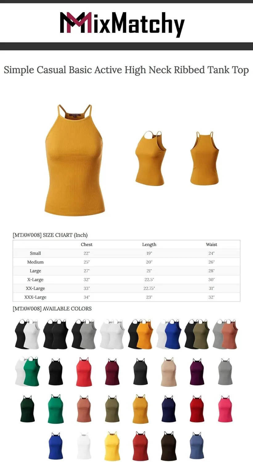 MixMatchy Women's Simple Casual Basic Active High Neck Ribbed Tank Top