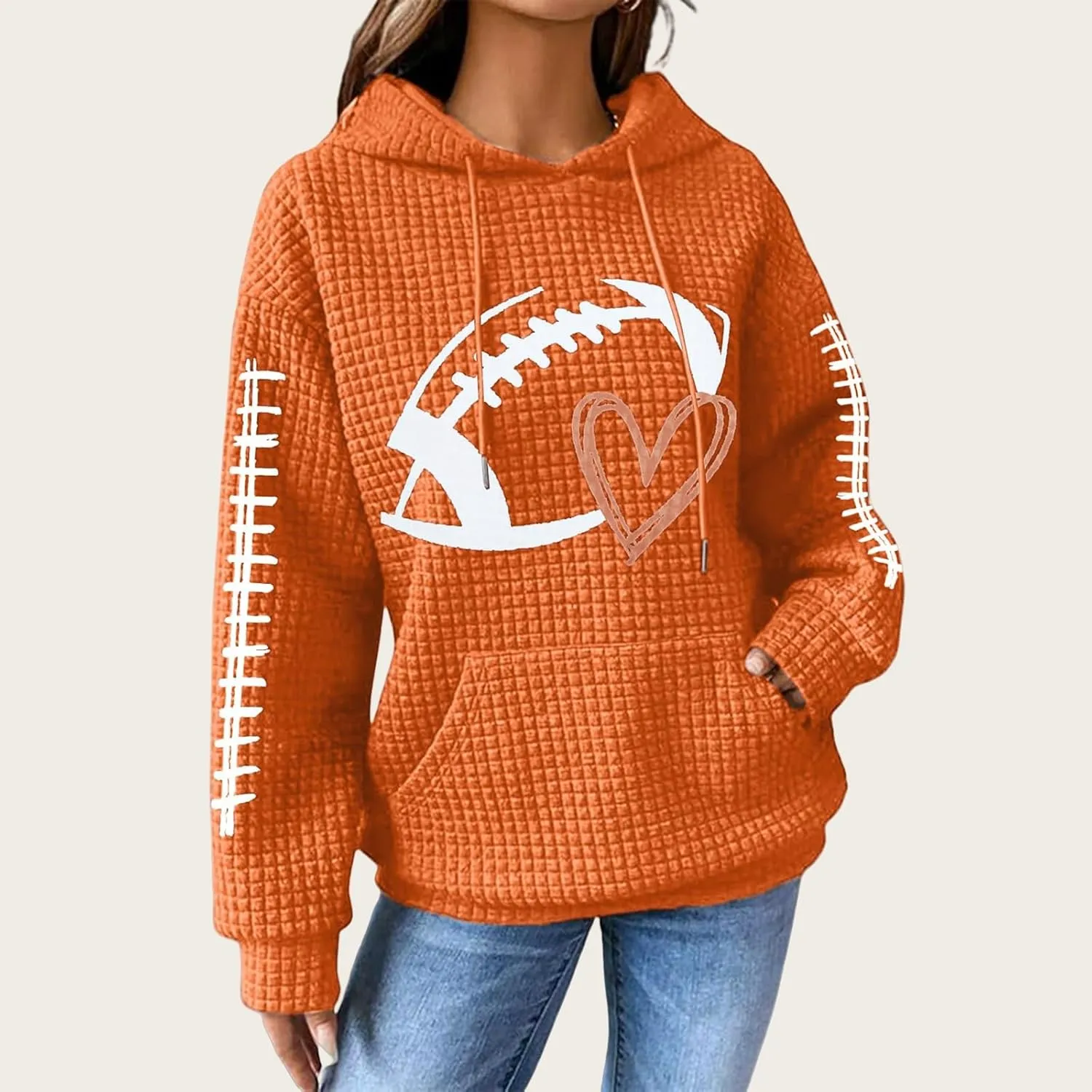 Mmoneyake Game Day Hooded Sweatshirt Women Funny Football Graphic Shirt Waffle Knit Hoodies Long Sleeve Fall Pullover Tops