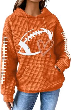 Mmoneyake Game Day Hooded Sweatshirt Women Funny Football Graphic Shirt Waffle Knit Hoodies Long Sleeve Fall Pullover Tops