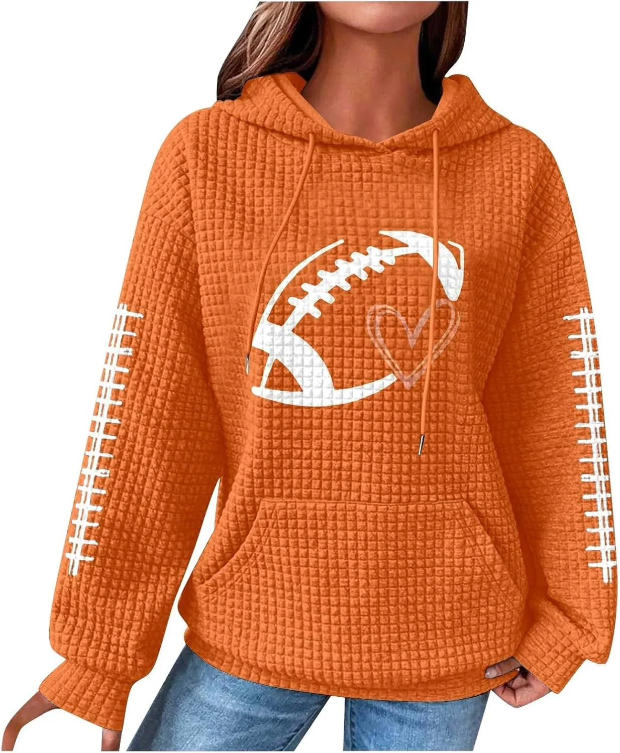 Mmoneyake Game Day Hooded Sweatshirt Women Funny Football Graphic Shirt Waffle Knit Hoodies Long Sleeve Fall Pullover Tops