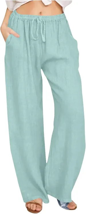 Mzkdieey Women's Summer Drawstring Waist Wide Leg Loose Cotton Linen Palazzo Pants Casual Lounge Yoga Trousers with Pockets