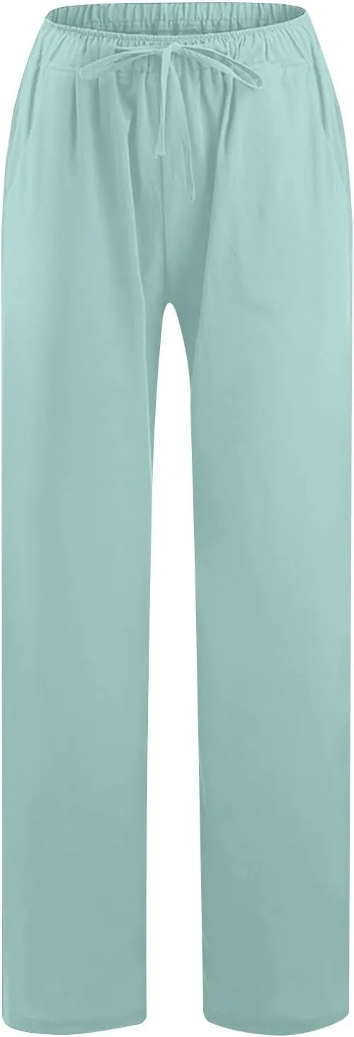 Mzkdieey Women's Summer Drawstring Waist Wide Leg Loose Cotton Linen Palazzo Pants Casual Lounge Yoga Trousers with Pockets