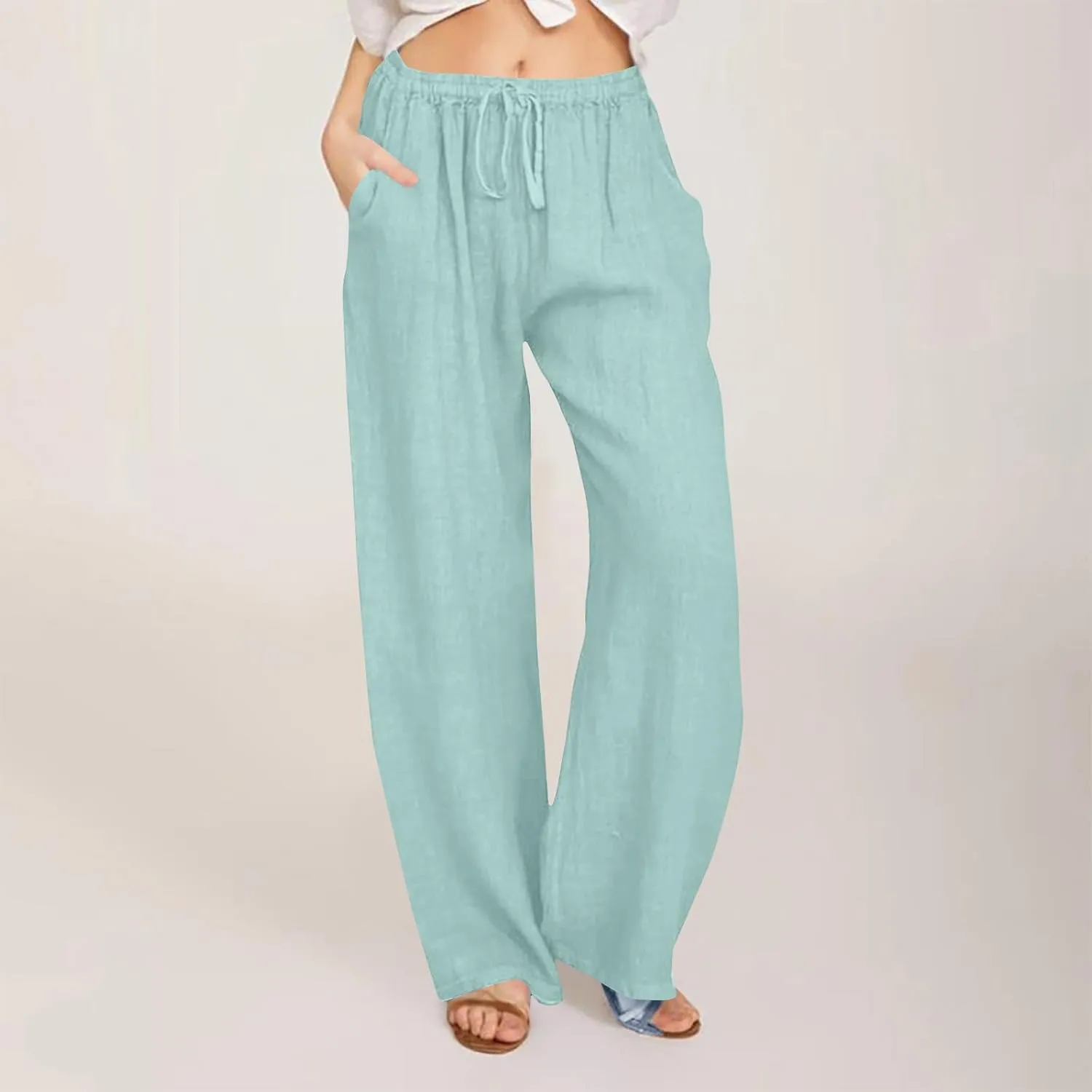 Mzkdieey Women's Summer Drawstring Waist Wide Leg Loose Cotton Linen Palazzo Pants Casual Lounge Yoga Trousers with Pockets