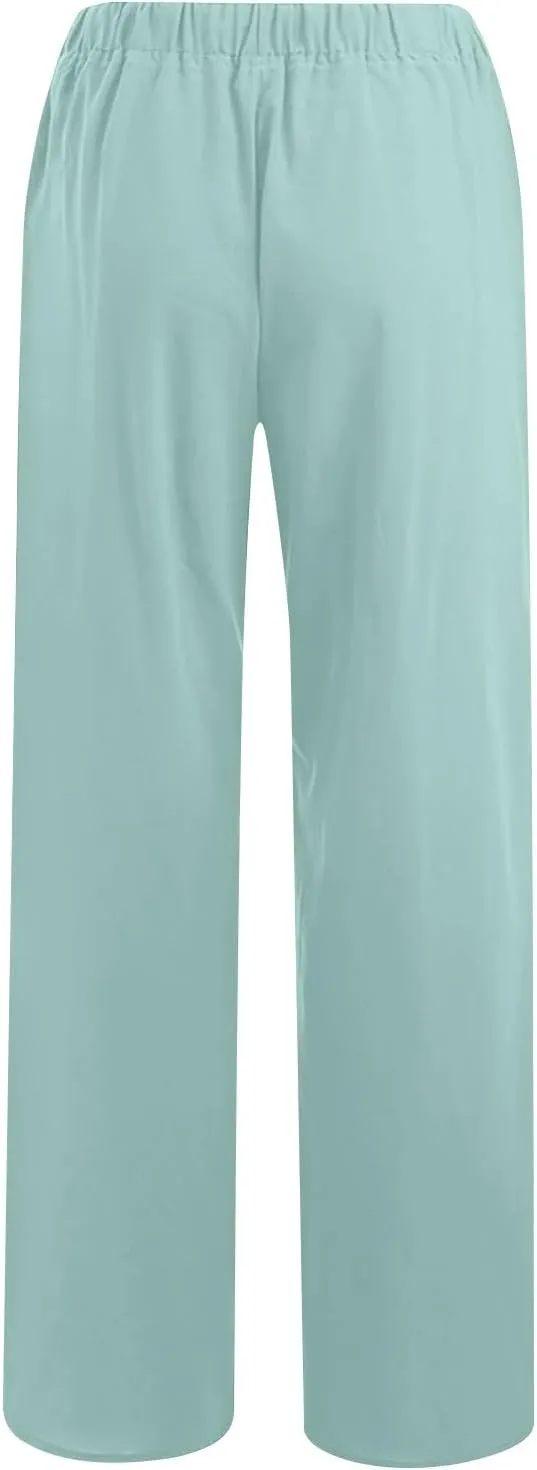 Mzkdieey Women's Summer Drawstring Waist Wide Leg Loose Cotton Linen Palazzo Pants Casual Lounge Yoga Trousers with Pockets