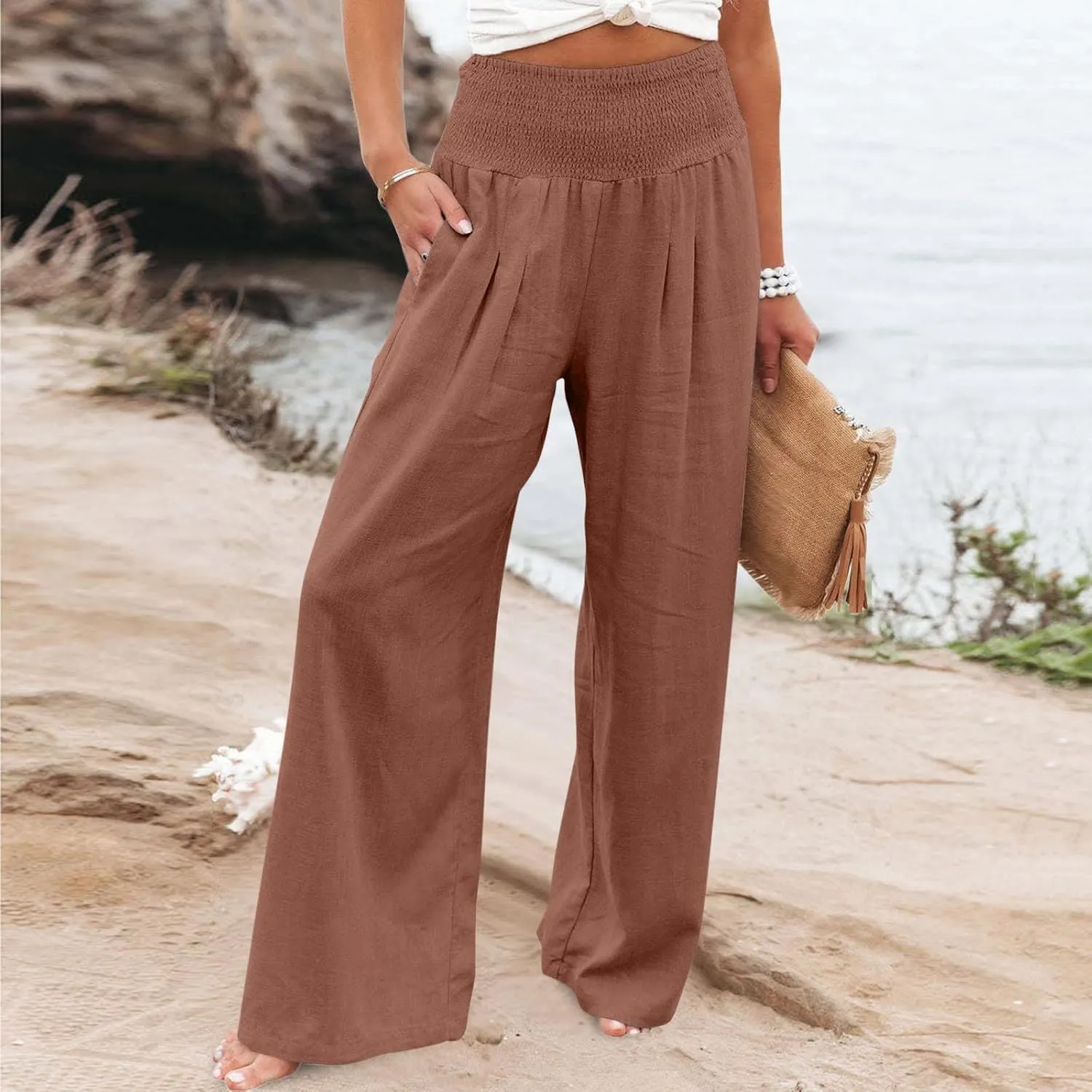 NATHGAM Women's Summer Wide Leg Pants Cotton Linen Casual Smocked High Waisted Palazzo Trousers Beach Travel Vacation Outfits