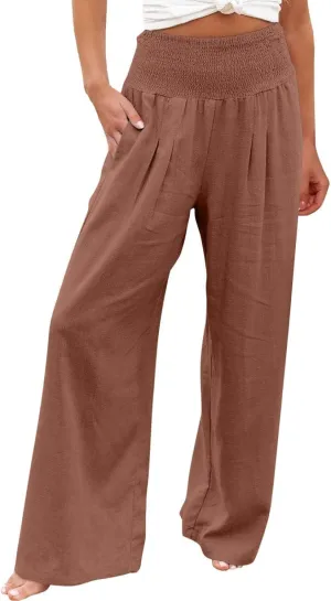 NATHGAM Women's Summer Wide Leg Pants Cotton Linen Casual Smocked High Waisted Palazzo Trousers Beach Travel Vacation Outfits