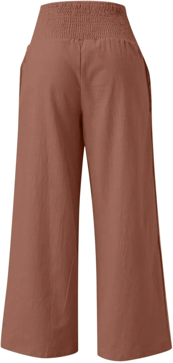 NATHGAM Women's Summer Wide Leg Pants Cotton Linen Casual Smocked High Waisted Palazzo Trousers Beach Travel Vacation Outfits