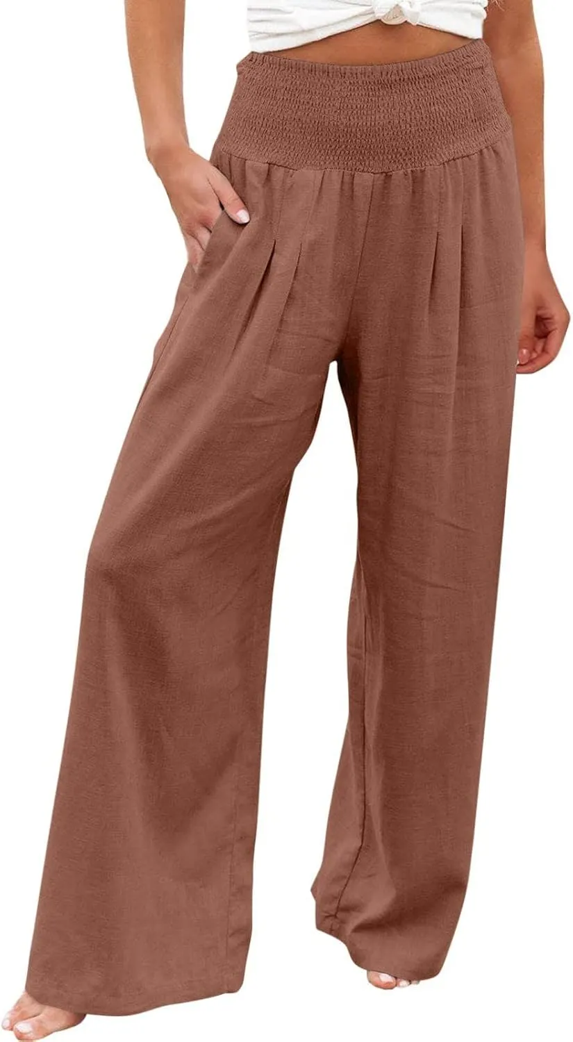 NATHGAM Women's Summer Wide Leg Pants Cotton Linen Casual Smocked High Waisted Palazzo Trousers Beach Travel Vacation Outfits