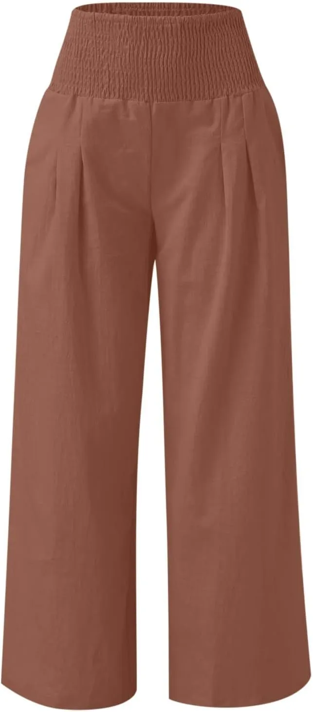 NATHGAM Women's Summer Wide Leg Pants Cotton Linen Casual Smocked High Waisted Palazzo Trousers Beach Travel Vacation Outfits