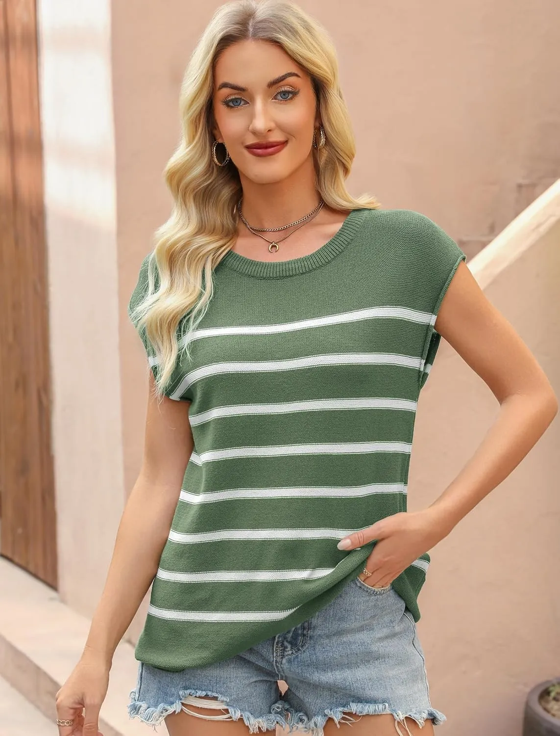 Neweek Women's Cap Sleeve Sweater Vest Crew Neck Sleeveless Casual Knit Tops 2025 Summer Clothes S-XXL