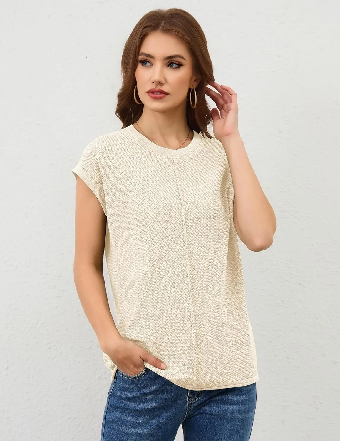 Neweek Womens Summer Cap Sleeve Tops Casual Crew Neck Sleeveless Knit Sweater Vest Loose Fit Lightweight Pullover Tank Tops