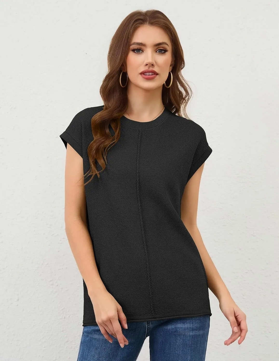 Neweek Womens Summer Cap Sleeve Tops Casual Crew Neck Sleeveless Knit Sweater Vest Loose Fit Lightweight Pullover Tank Tops