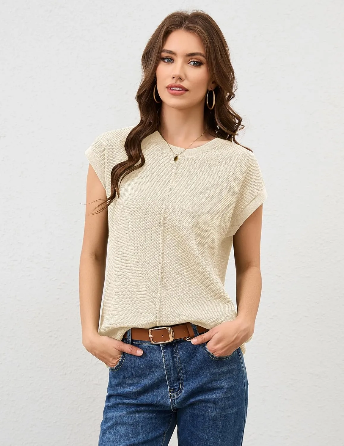 Neweek Womens Summer Cap Sleeve Tops Casual Crew Neck Sleeveless Knit Sweater Vest Loose Fit Lightweight Pullover Tank Tops
