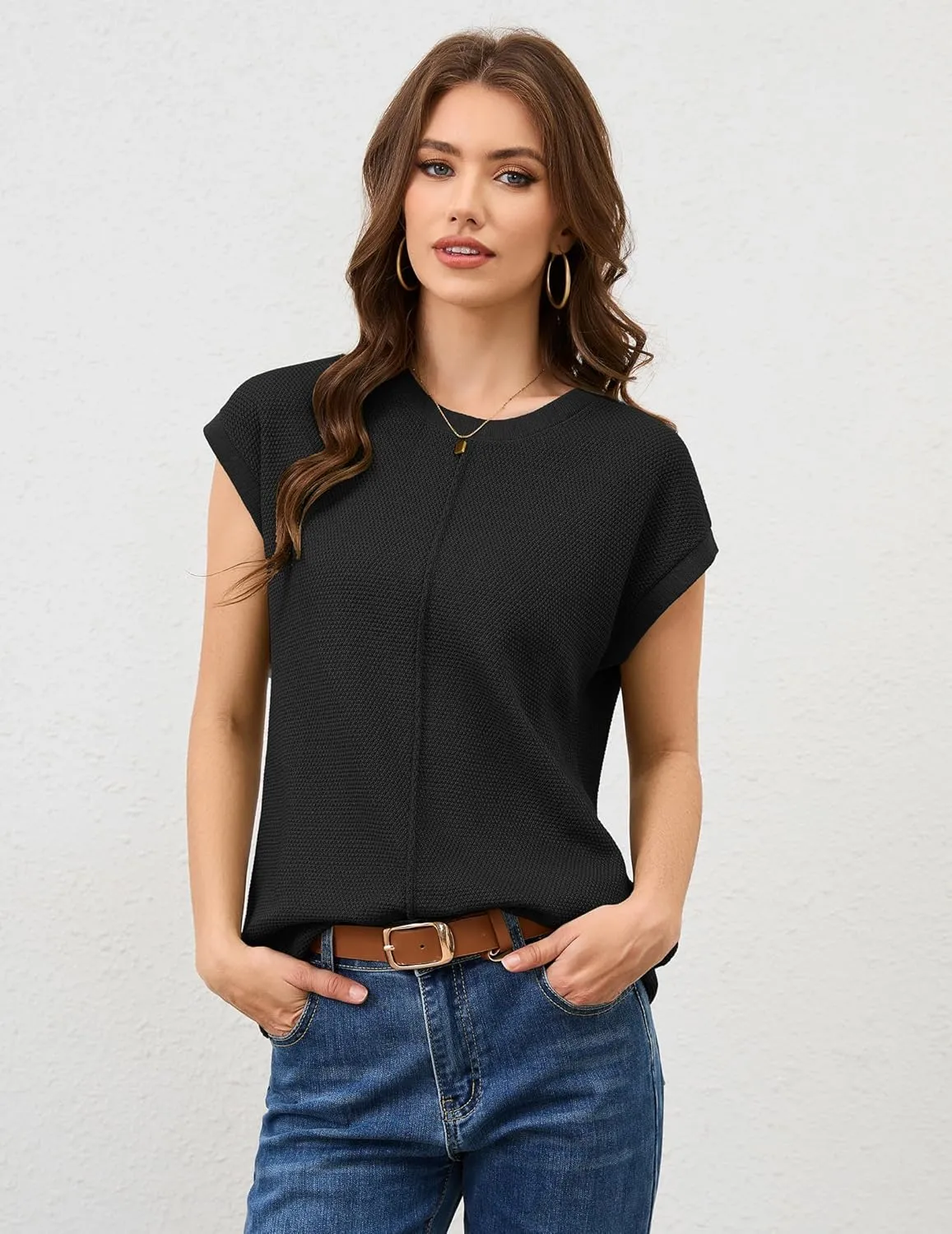 Neweek Womens Summer Cap Sleeve Tops Casual Crew Neck Sleeveless Knit Sweater Vest Loose Fit Lightweight Pullover Tank Tops