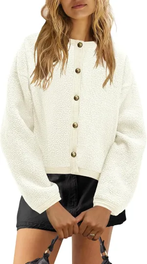 Nirovien Womens Oversized Sherpa Jacket Button Down Fleece Coat Casual Loose Fuzzy Outwear with Pockets