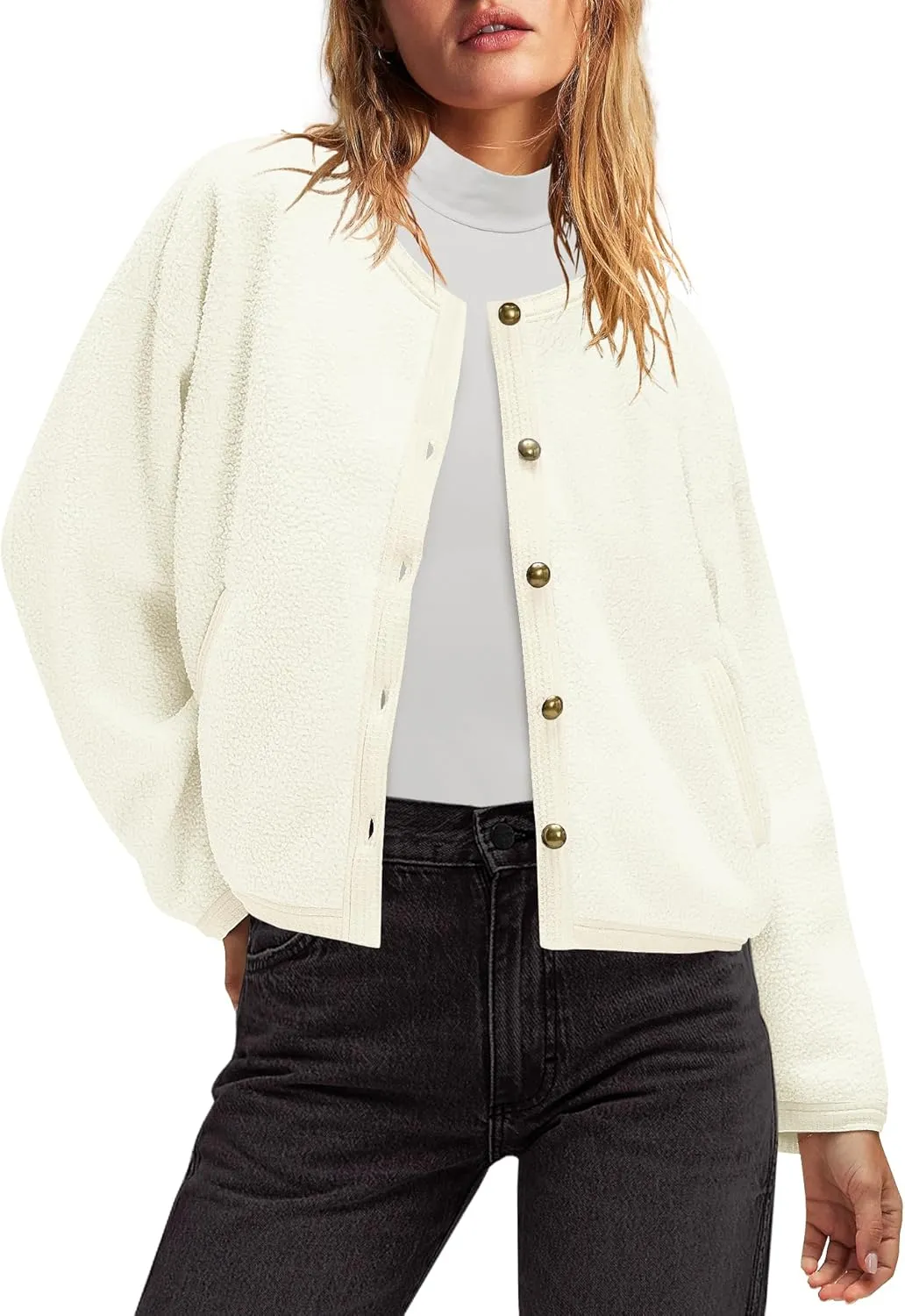Nirovien Womens Oversized Sherpa Jacket Button Down Fleece Coat Casual Loose Fuzzy Outwear with Pockets