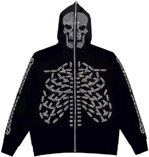 Nituyy Women Oversized Zip Up Hoodie Jacket Long Sleveve Diamond Skull Casual Grunge Hooded Sweatshirt with Pockets