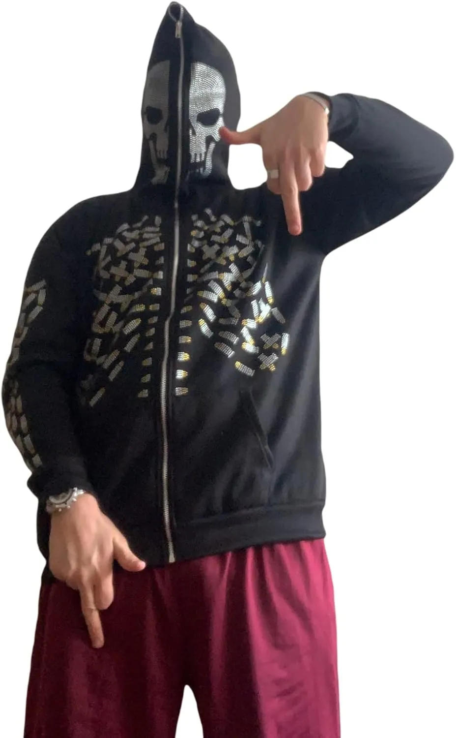 Nituyy Women Oversized Zip Up Hoodie Jacket Long Sleveve Diamond Skull Casual Grunge Hooded Sweatshirt with Pockets