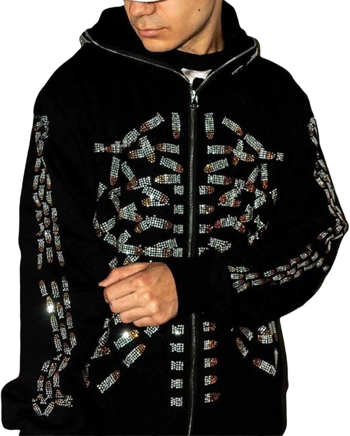 Nituyy Women Oversized Zip Up Hoodie Jacket Long Sleveve Diamond Skull Casual Grunge Hooded Sweatshirt with Pockets