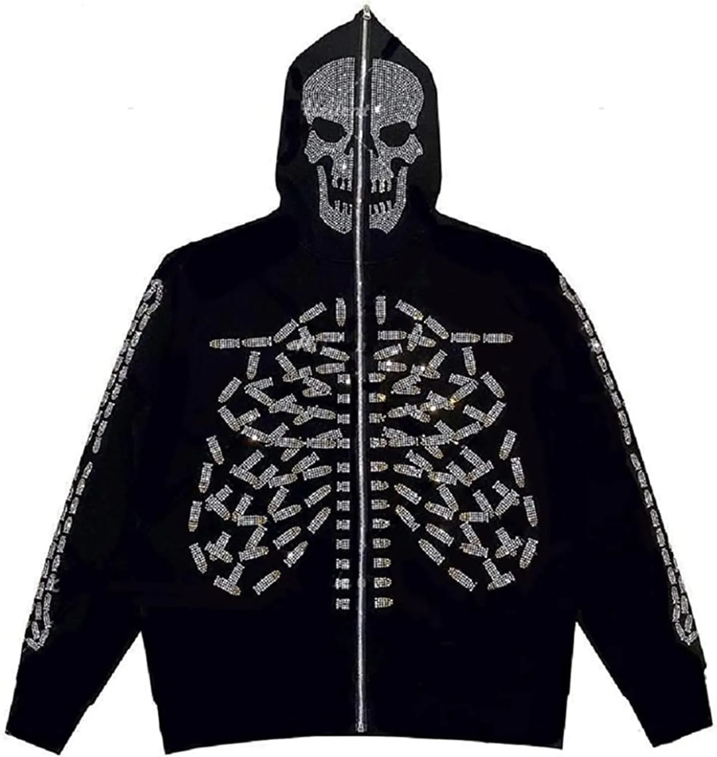 Nituyy Women Oversized Zip Up Hoodie Jacket Long Sleveve Diamond Skull Casual Grunge Hooded Sweatshirt with Pockets