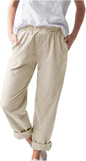 niuwa Cotton Linen Trousers for Women Elastic Waist Solid Color Casual Pants with Pockets Summer Boho Pants (Khaki, 2XL)