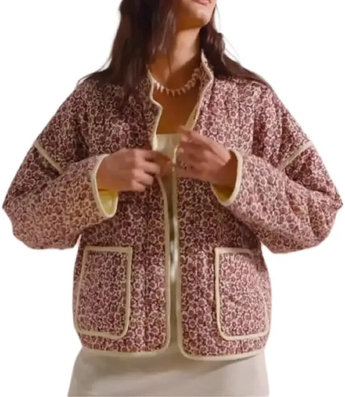 NUFIWI Women Floral Print Cropped Quilted Jacket Cardigan Vintage Open Front Padded Puffler Coat Lightweight Casual Outwear