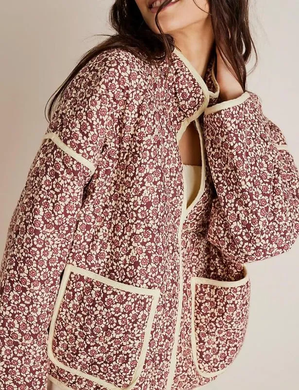NUFIWI Women Floral Print Cropped Quilted Jacket Cardigan Vintage Open Front Padded Puffler Coat Lightweight Casual Outwear