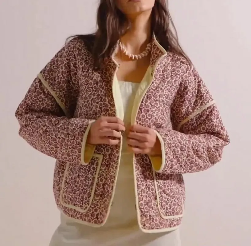 NUFIWI Women Floral Print Cropped Quilted Jacket Cardigan Vintage Open Front Padded Puffler Coat Lightweight Casual Outwear