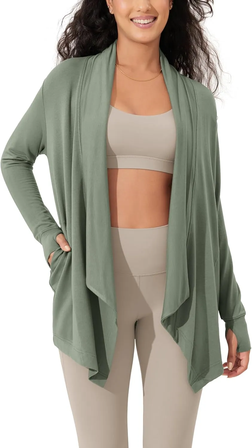ODODOS Women's Drape Open Front Cardigans Cozy Soft Long Sleeve Casual Wrap Outerwear with Pockets Thumb Hole