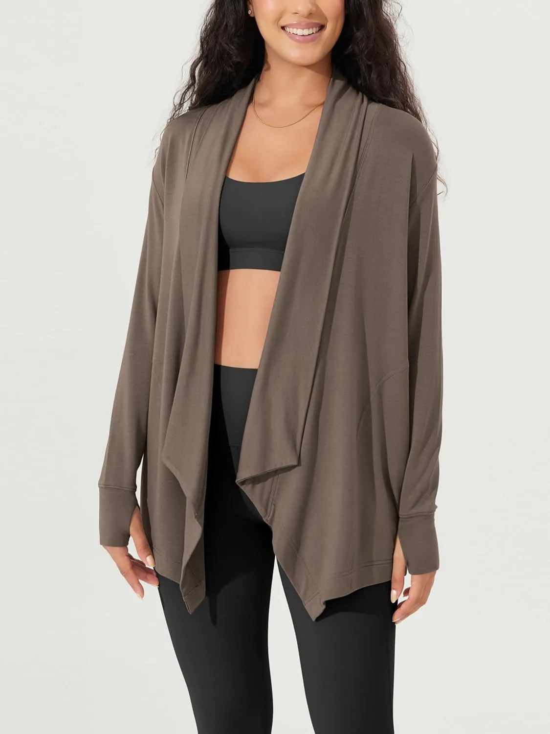 ODODOS Women's Drape Open Front Cardigans Cozy Soft Long Sleeve Casual Wrap Outerwear with Pockets Thumb Hole