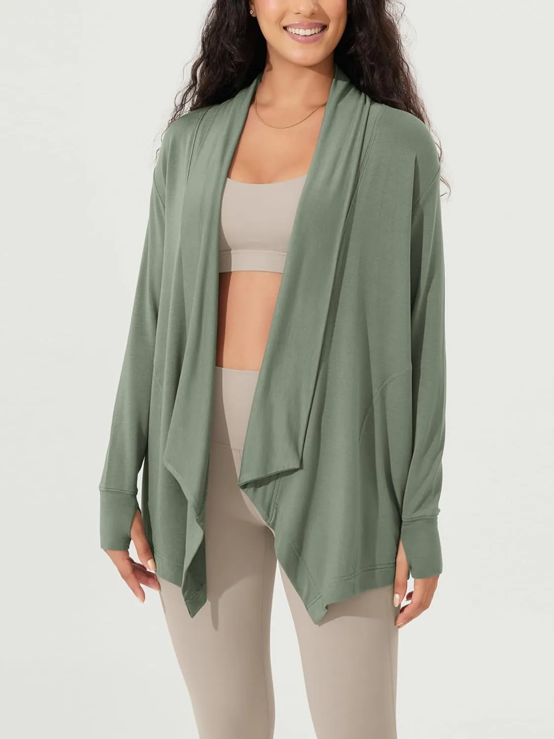 ODODOS Women's Drape Open Front Cardigans Cozy Soft Long Sleeve Casual Wrap Outerwear with Pockets Thumb Hole