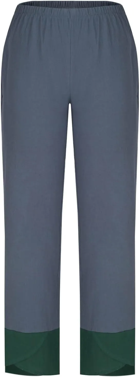 Oplxuo Cotton Linen Pants for Women Trendy Color Block Patchwork Casual Summer Comfy Baggy Trousers Lounge Pants with Pockets