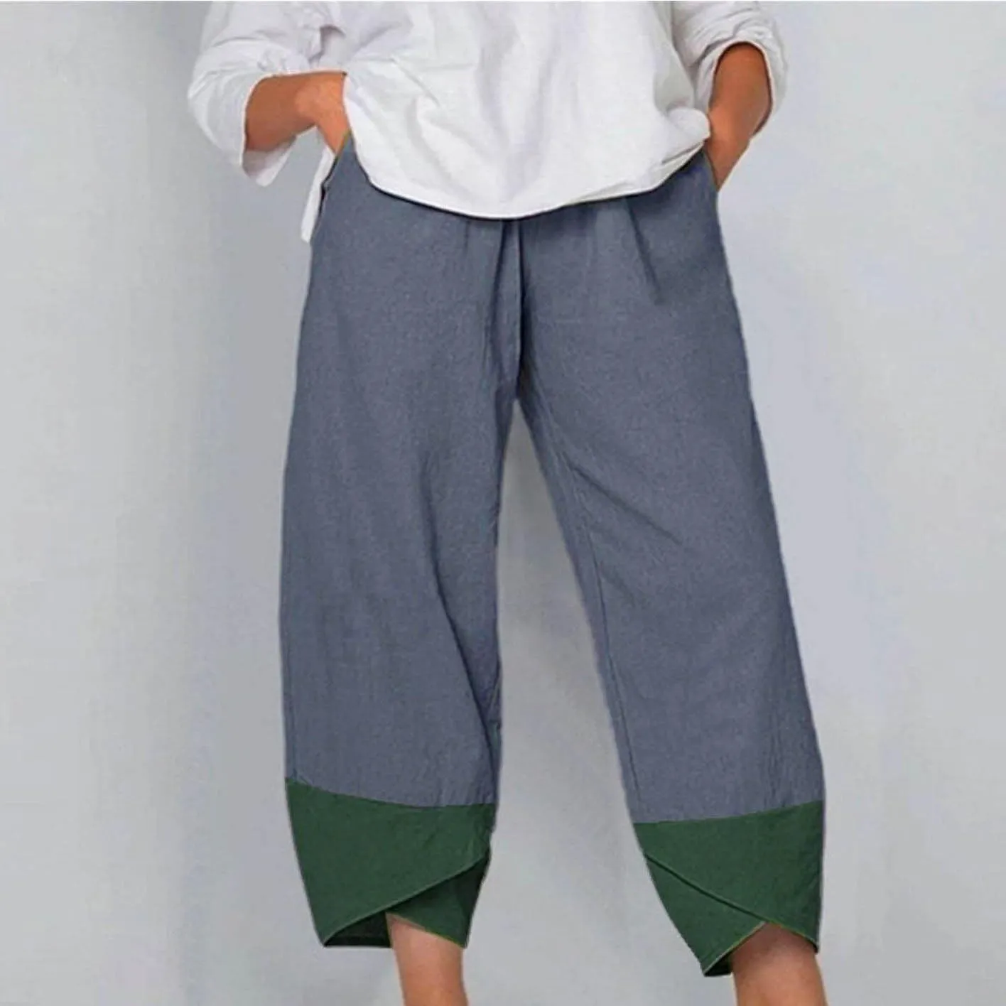 Oplxuo Cotton Linen Pants for Women Trendy Color Block Patchwork Casual Summer Comfy Baggy Trousers Lounge Pants with Pockets