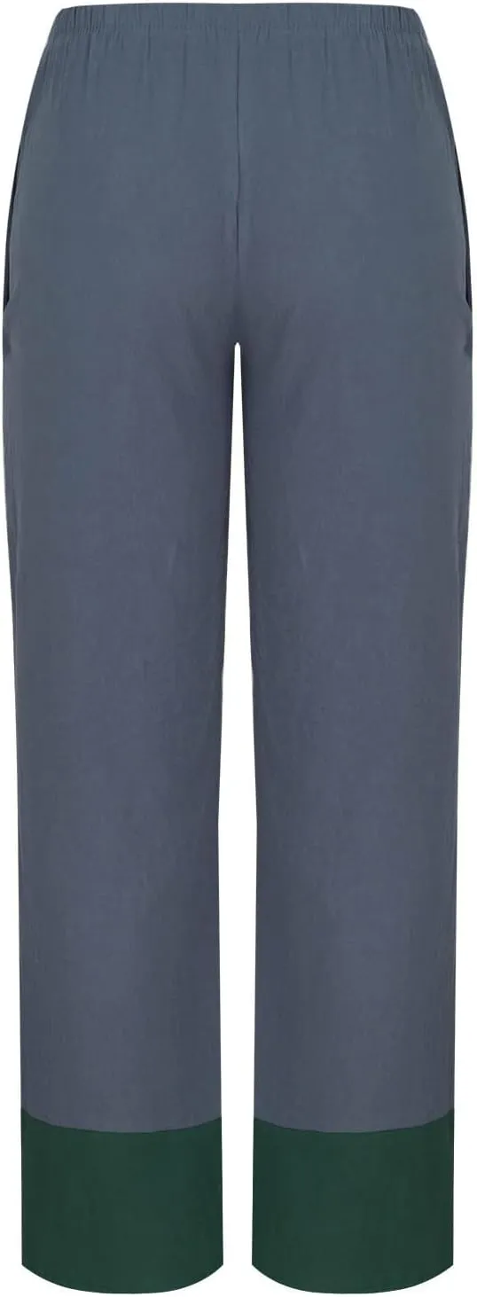 Oplxuo Cotton Linen Pants for Women Trendy Color Block Patchwork Casual Summer Comfy Baggy Trousers Lounge Pants with Pockets