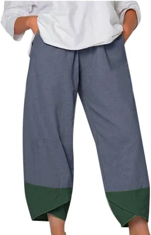 Oplxuo Cotton Linen Pants for Women Trendy Color Block Patchwork Casual Summer Comfy Baggy Trousers Lounge Pants with Pockets
