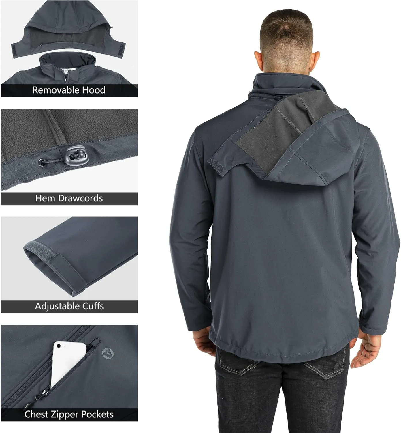 Outdoor Ventures Men's Lightweight Softshell Jacket Fleece Lined Hooded Water Resistant Winter Hiking Windbreaker Jackets