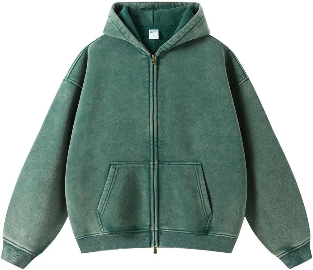 Oversize Men's Vintage Hoodie Zip Up Long Sleeve Sweatshirt with Pockets Acid Wash Streetwear Fleece Hoodies Jacket