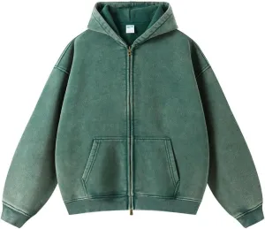 Oversize Men's Vintage Hoodie Zip Up Long Sleeve Sweatshirt with Pockets Acid Wash Streetwear Fleece Hoodies Jacket
