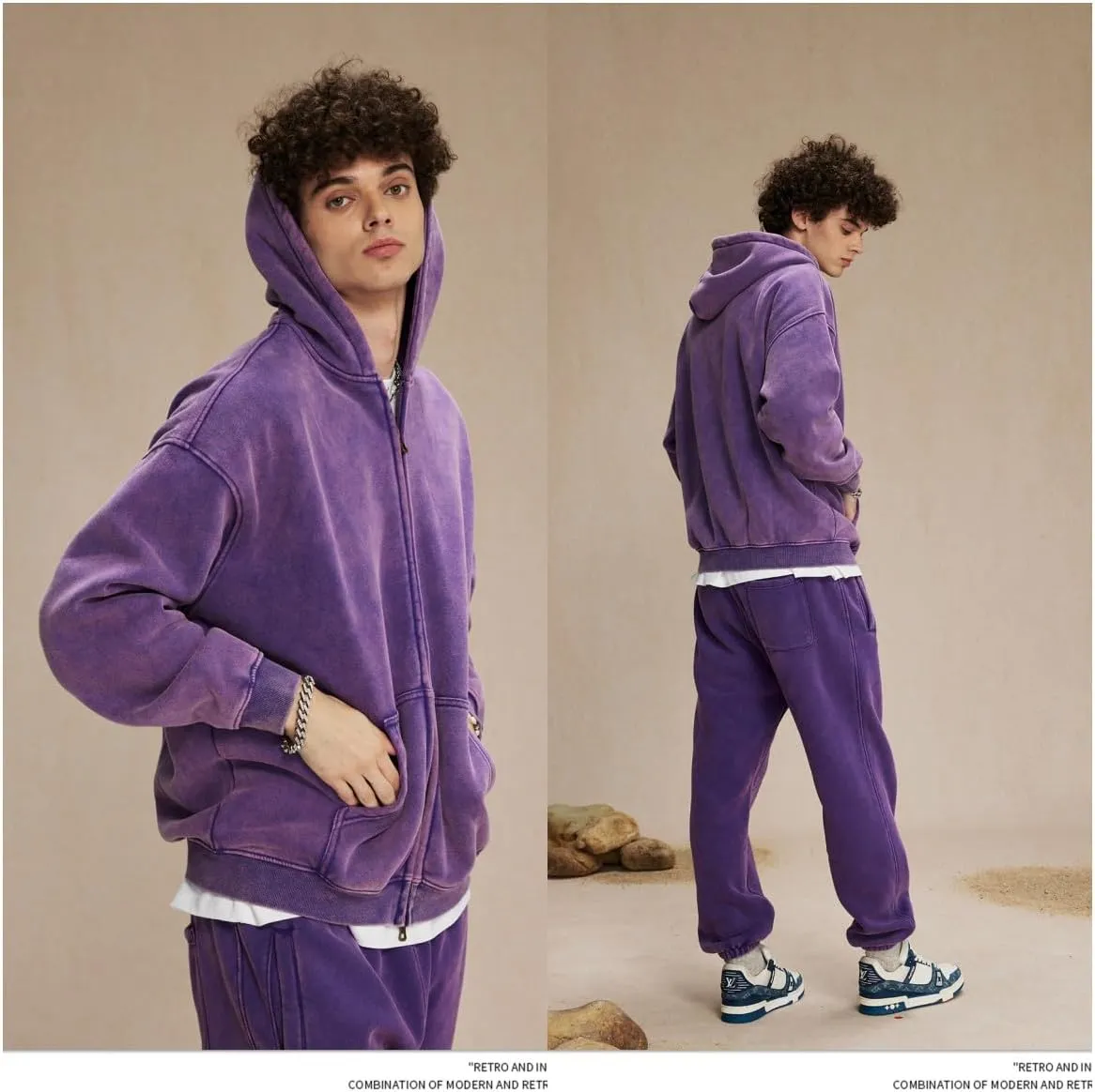 Oversize Men's Vintage Hoodie Zip Up Long Sleeve Sweatshirt with Pockets Acid Wash Streetwear Fleece Hoodies Jacket
