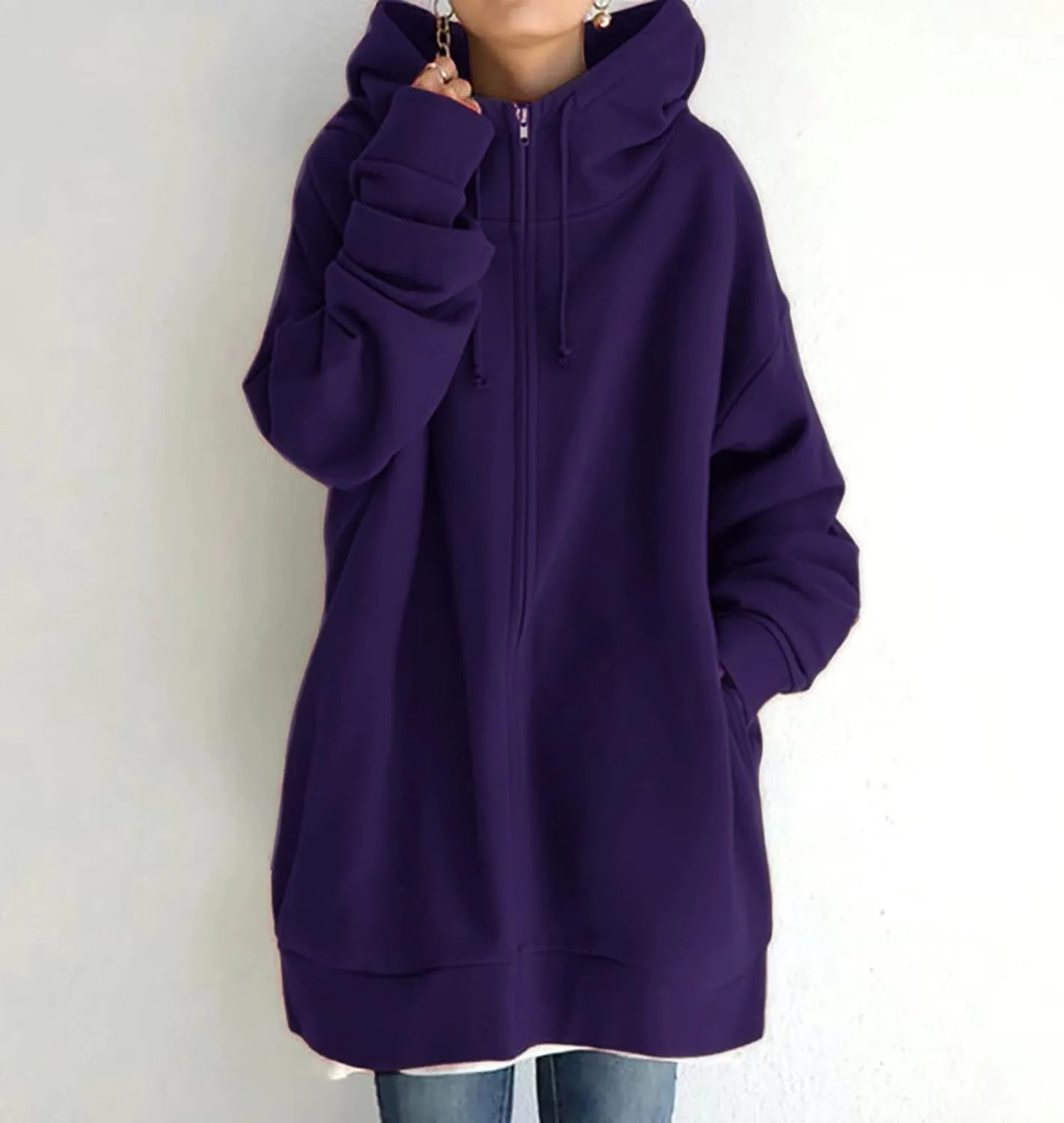 Oversized Hoodies for Women Fall Zip up Hooded Sweatshirts Casual Soild Color Long Fleece Jacket with Pockets