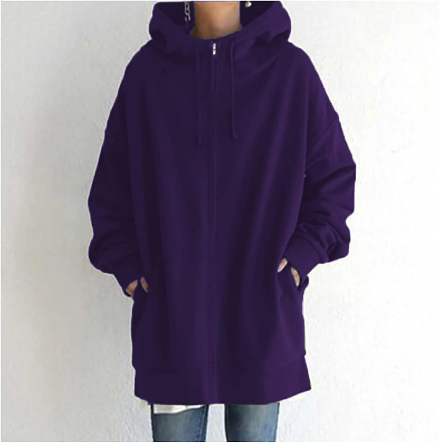 Oversized Hoodies for Women Fall Zip up Hooded Sweatshirts Casual Soild Color Long Fleece Jacket with Pockets
