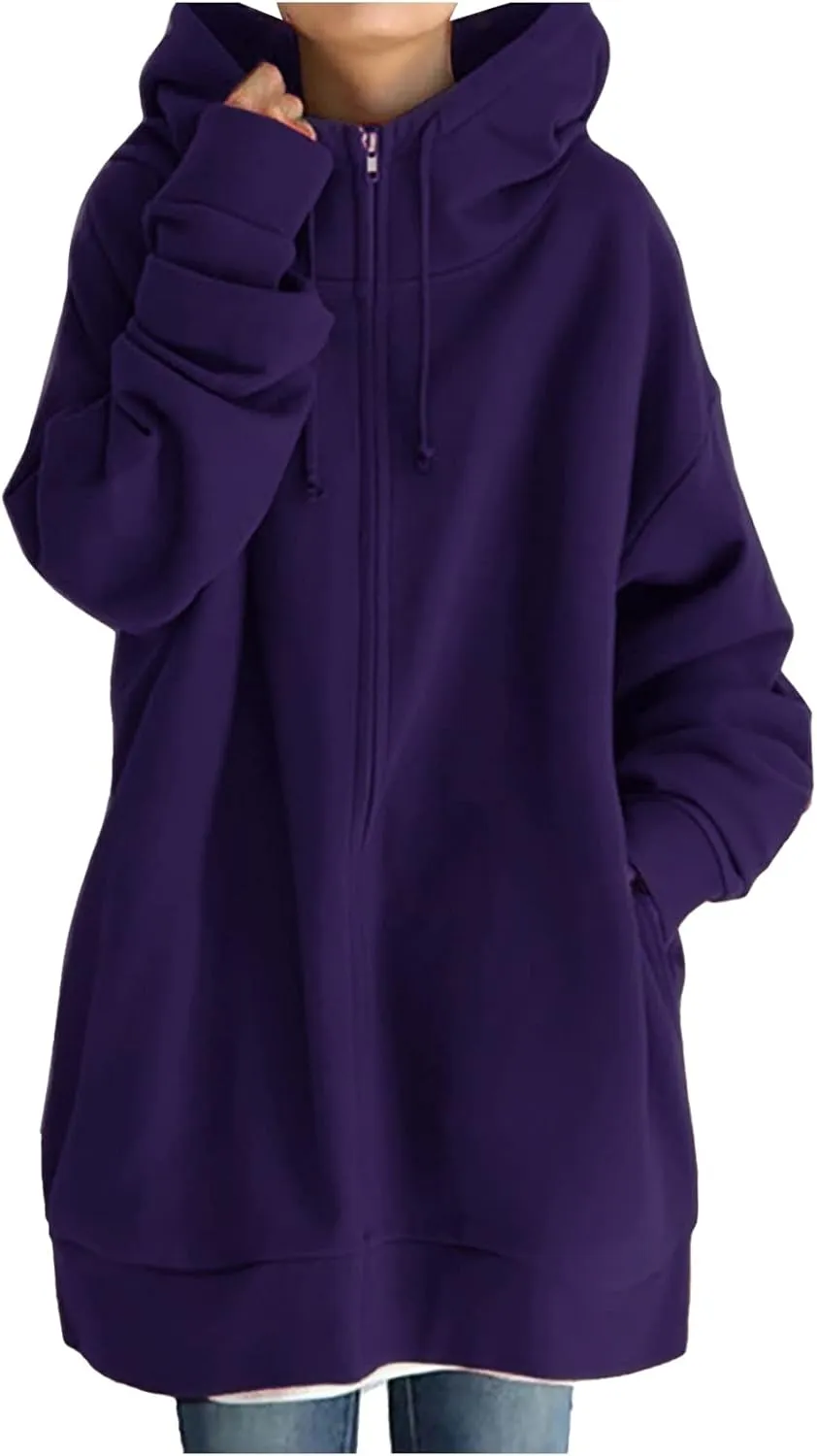 Oversized Hoodies for Women Fall Zip up Hooded Sweatshirts Casual Soild Color Long Fleece Jacket with Pockets
