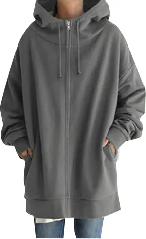 Oversized Hoodies for Women Fall Zip up Hooded Sweatshirts Casual Soild Color Long Fleece Jacket with Pockets