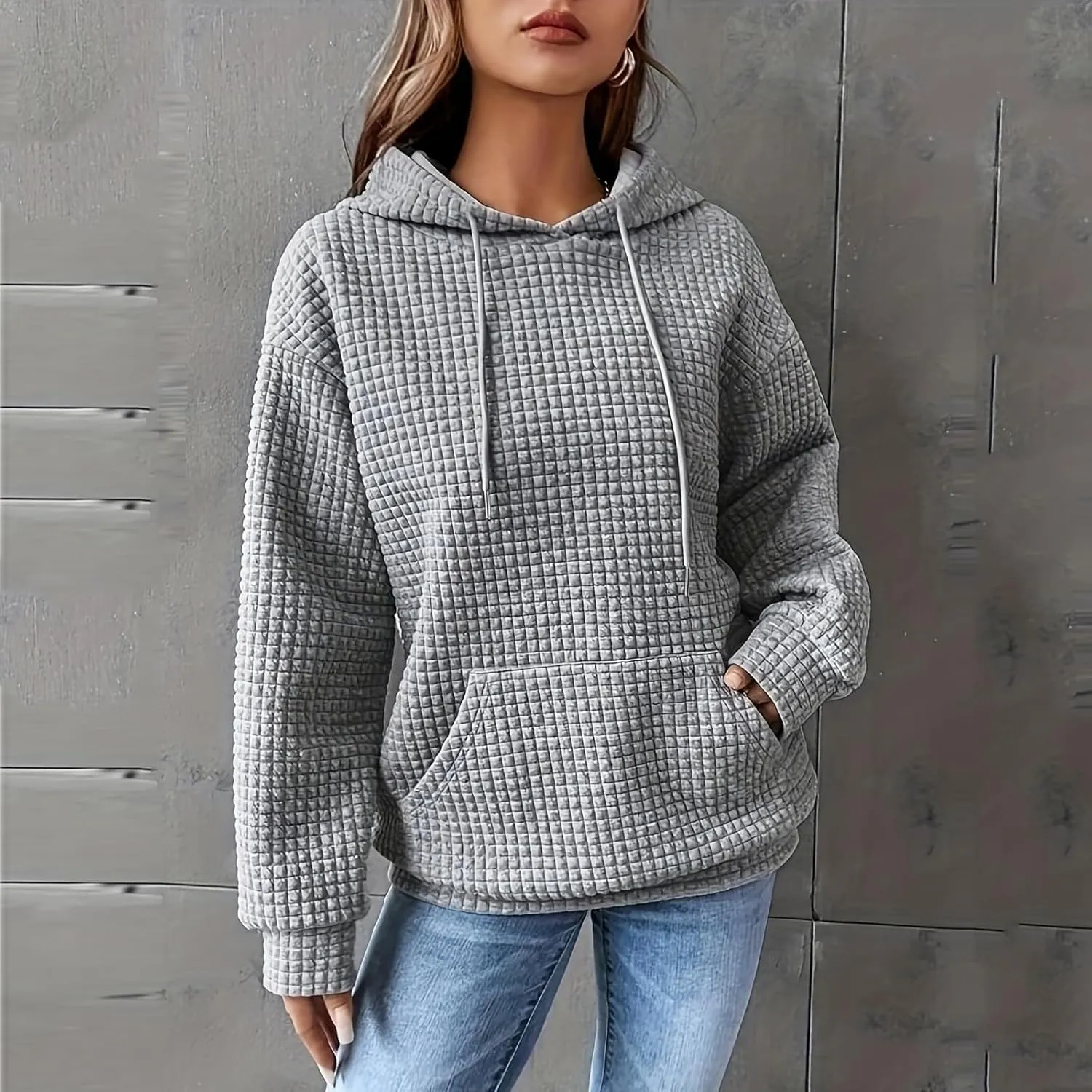 Oversized Hoodies for Women Trendy Casual Waffle Sweatshirt Y2k Drawstring Long Sleeve Pullover Cute Hoodie w/Pockets