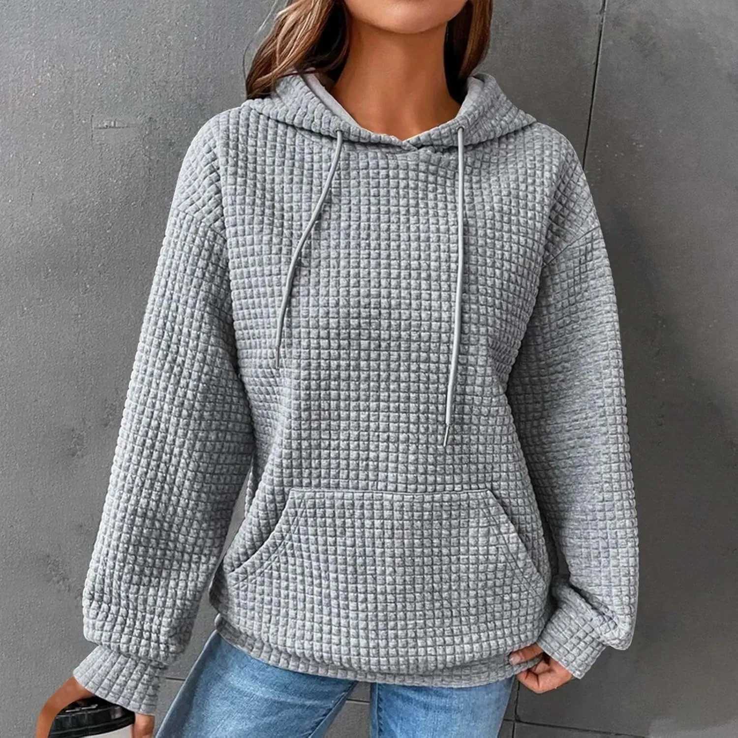 Oversized Hoodies for Women Trendy Casual Waffle Sweatshirt Y2k Drawstring Long Sleeve Pullover Cute Hoodie w/Pockets