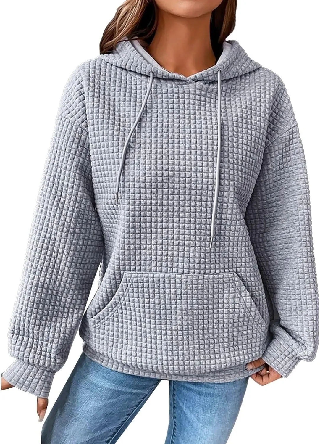 Oversized Hoodies for Women Trendy Casual Waffle Sweatshirt Y2k Drawstring Long Sleeve Pullover Cute Hoodie w/Pockets