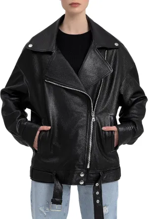 Oversized Leather Jacket Women - Real Lambskin Women's Leather Jacket Plus Size Long Leather Motorcycle Jacket