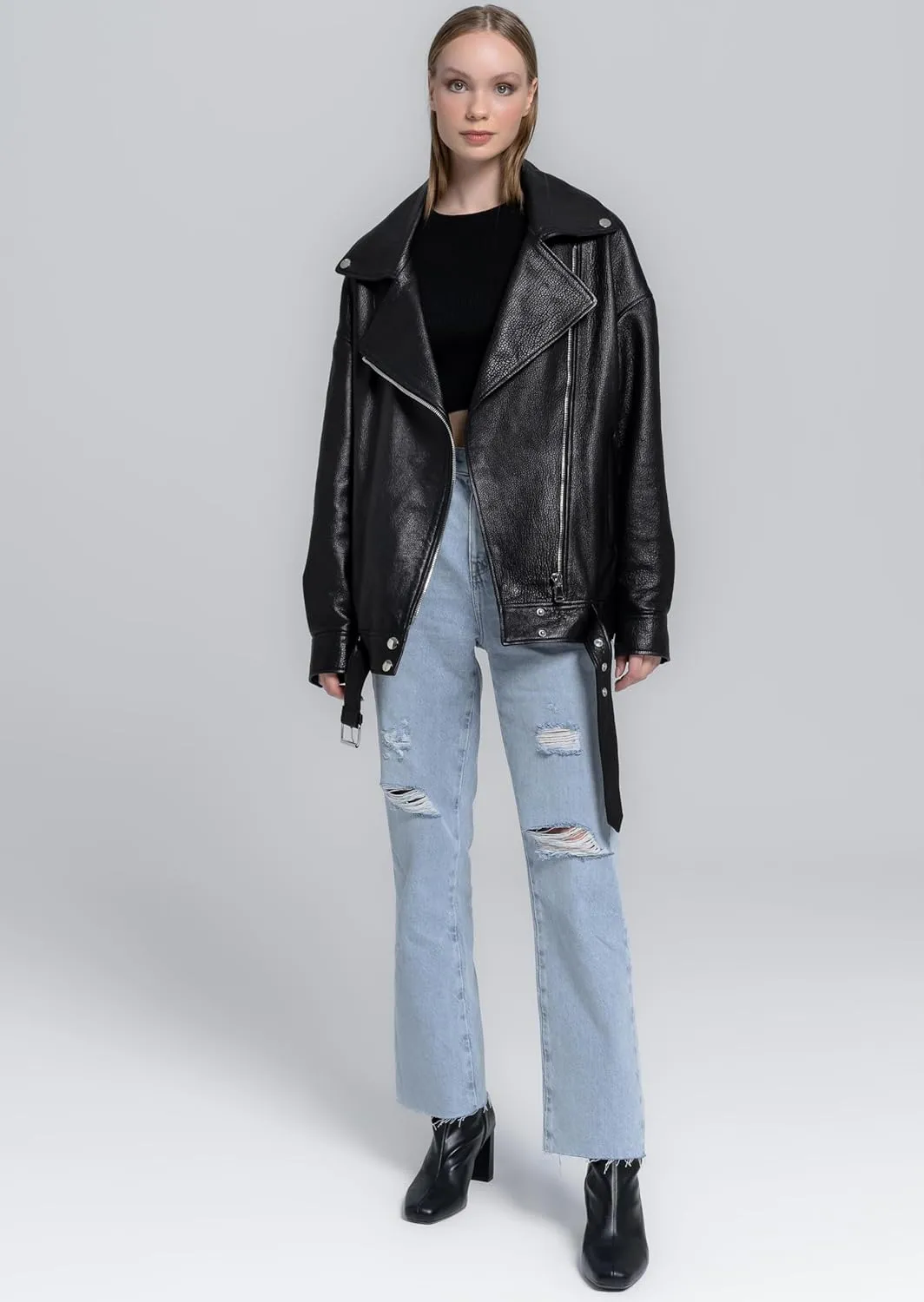 Oversized Leather Jacket Women - Real Lambskin Women's Leather Jacket Plus Size Long Leather Motorcycle Jacket