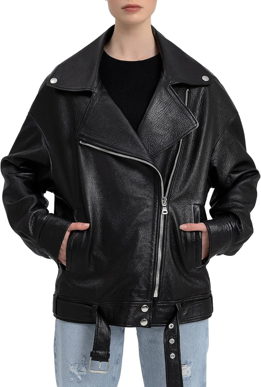 Oversized Leather Jacket Women - Real Lambskin Women's Leather Jacket Plus Size Long Leather Motorcycle Jacket